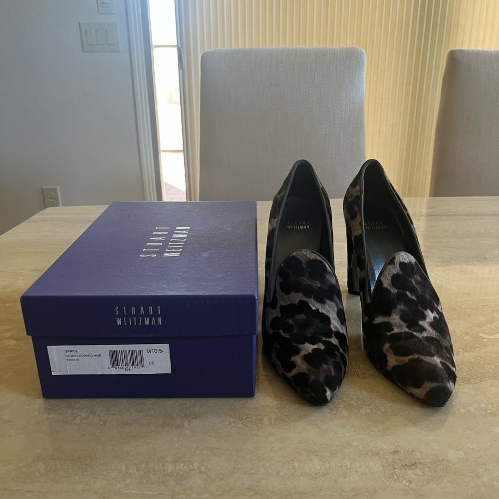 Stuart Weitzman Black and Brown Animal Print Heels
